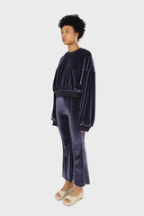 Navy smooth velvet pintuck bootcut trousers