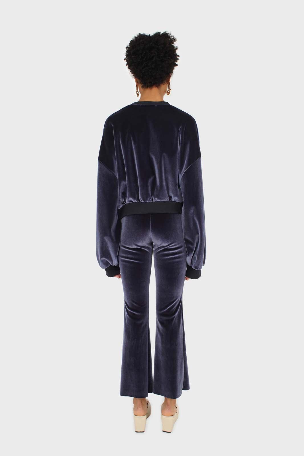 Navy smooth velvet pintuck bootcut trousers
