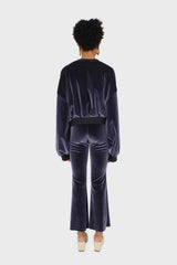 Navy smooth velvet pintuck bootcut trousers