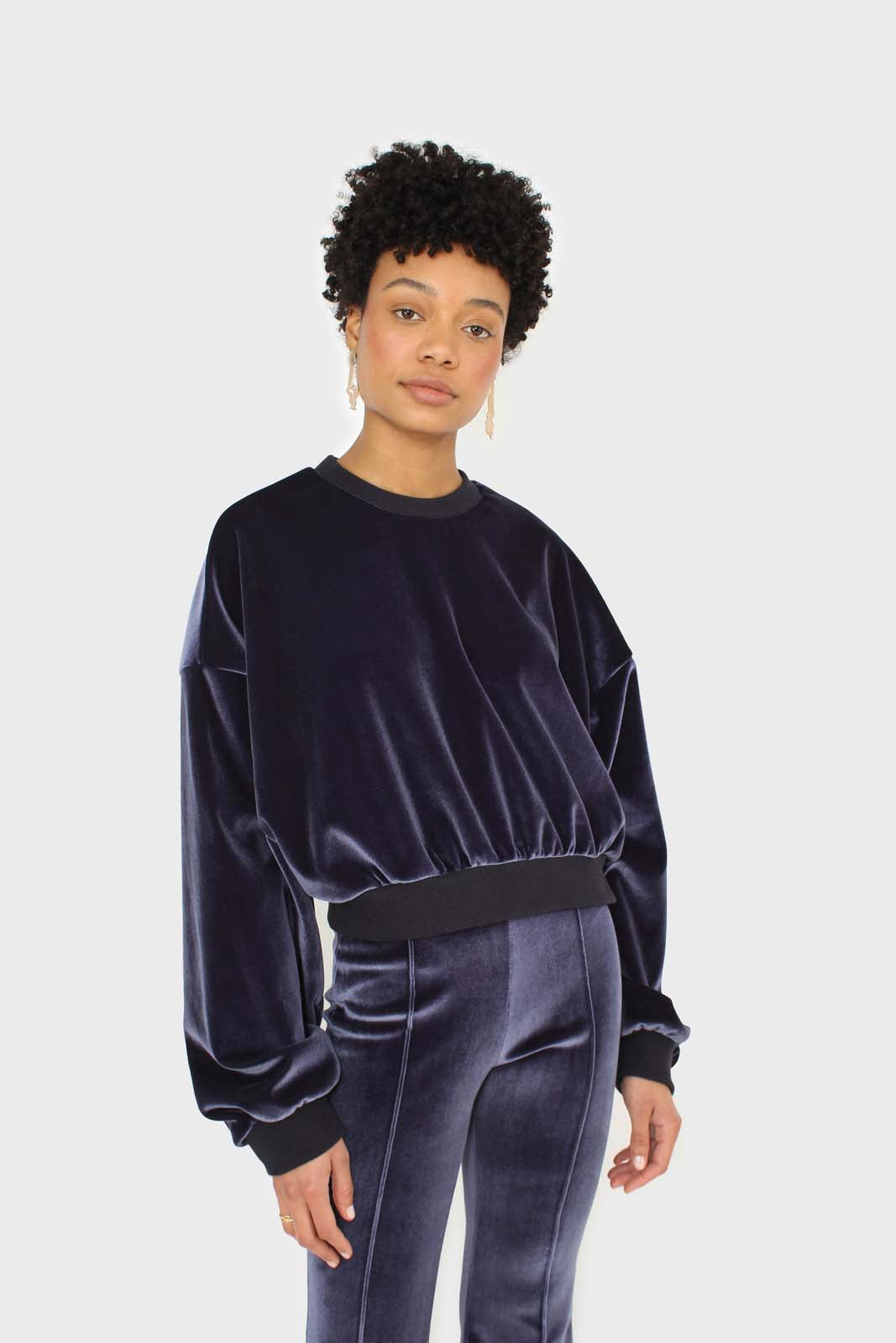 Navy smooth velvet pintuck bootcut trousers