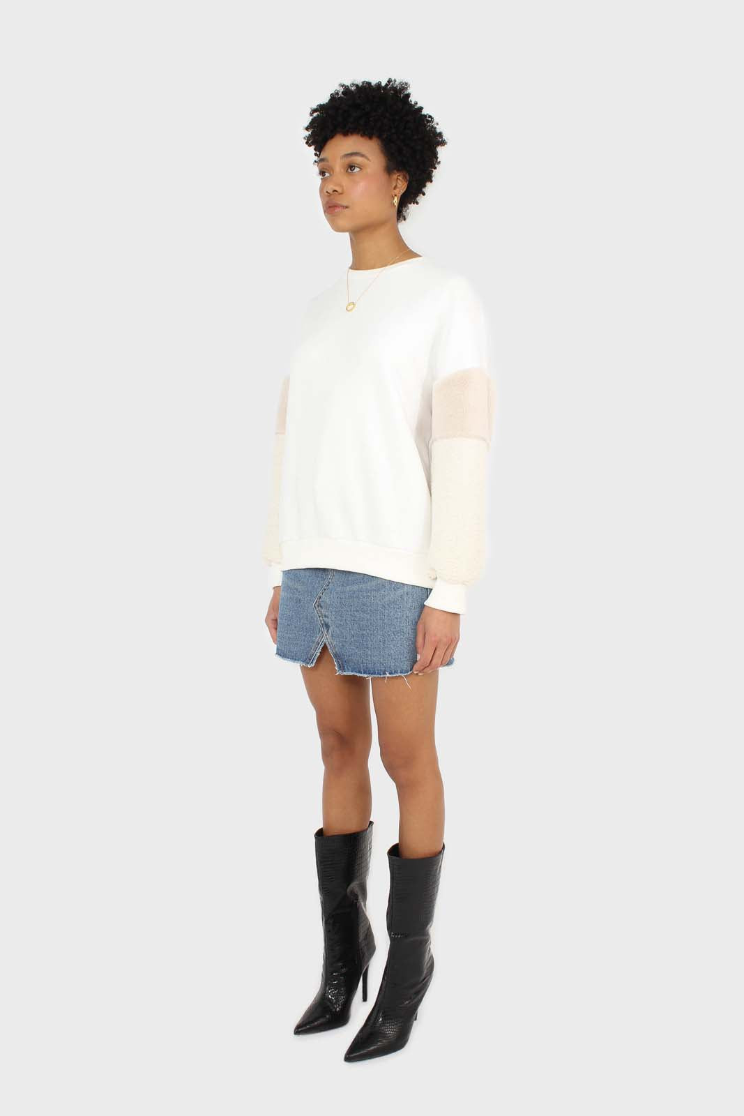 Ivory and beige faux fur sleeved sweatshirt