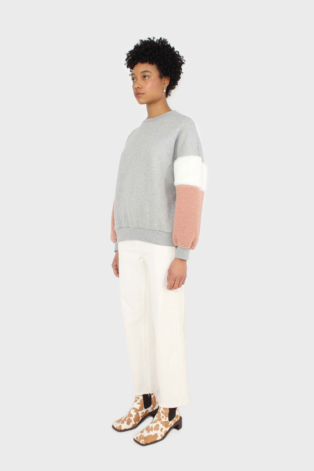 Grey and pink faux fur sleeved sweatshirt