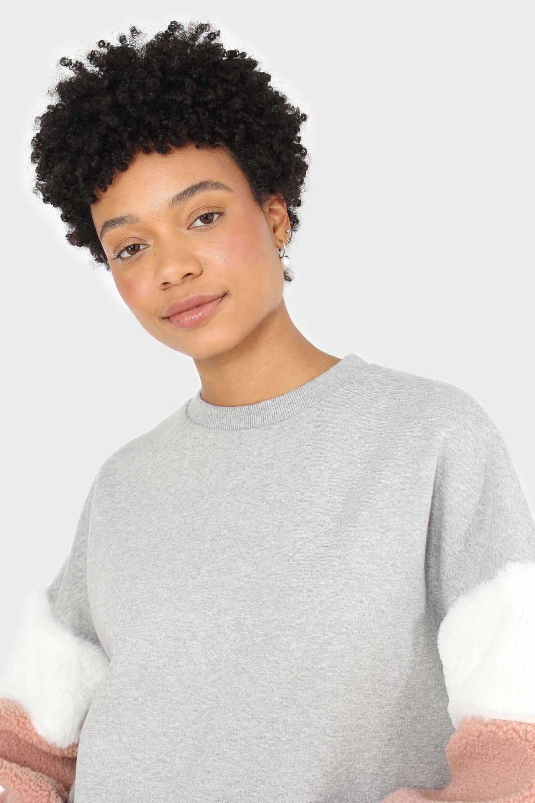 Grey and pink faux fur sleeved sweatshirt