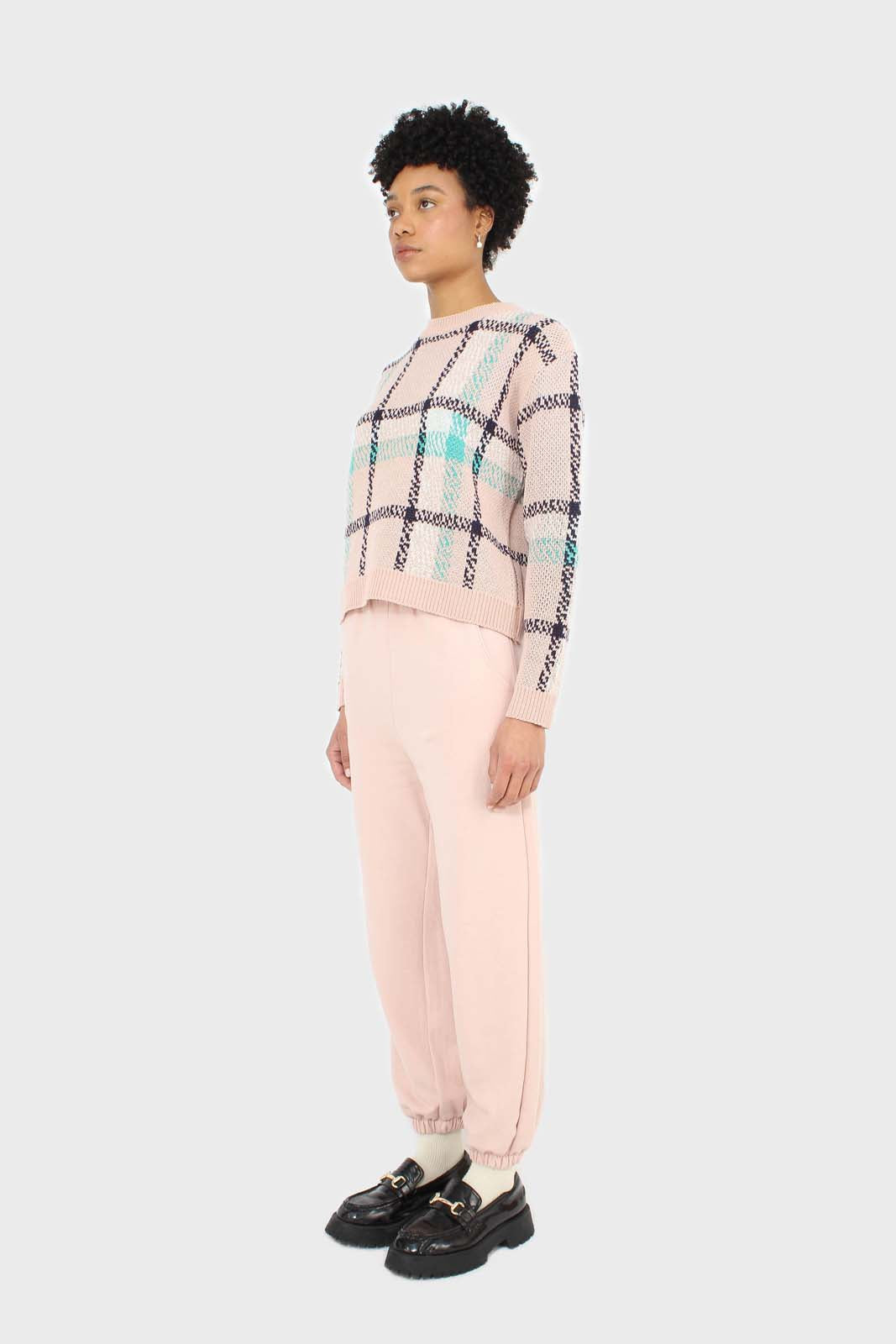 Baby pink and teal checked crew neck jumper