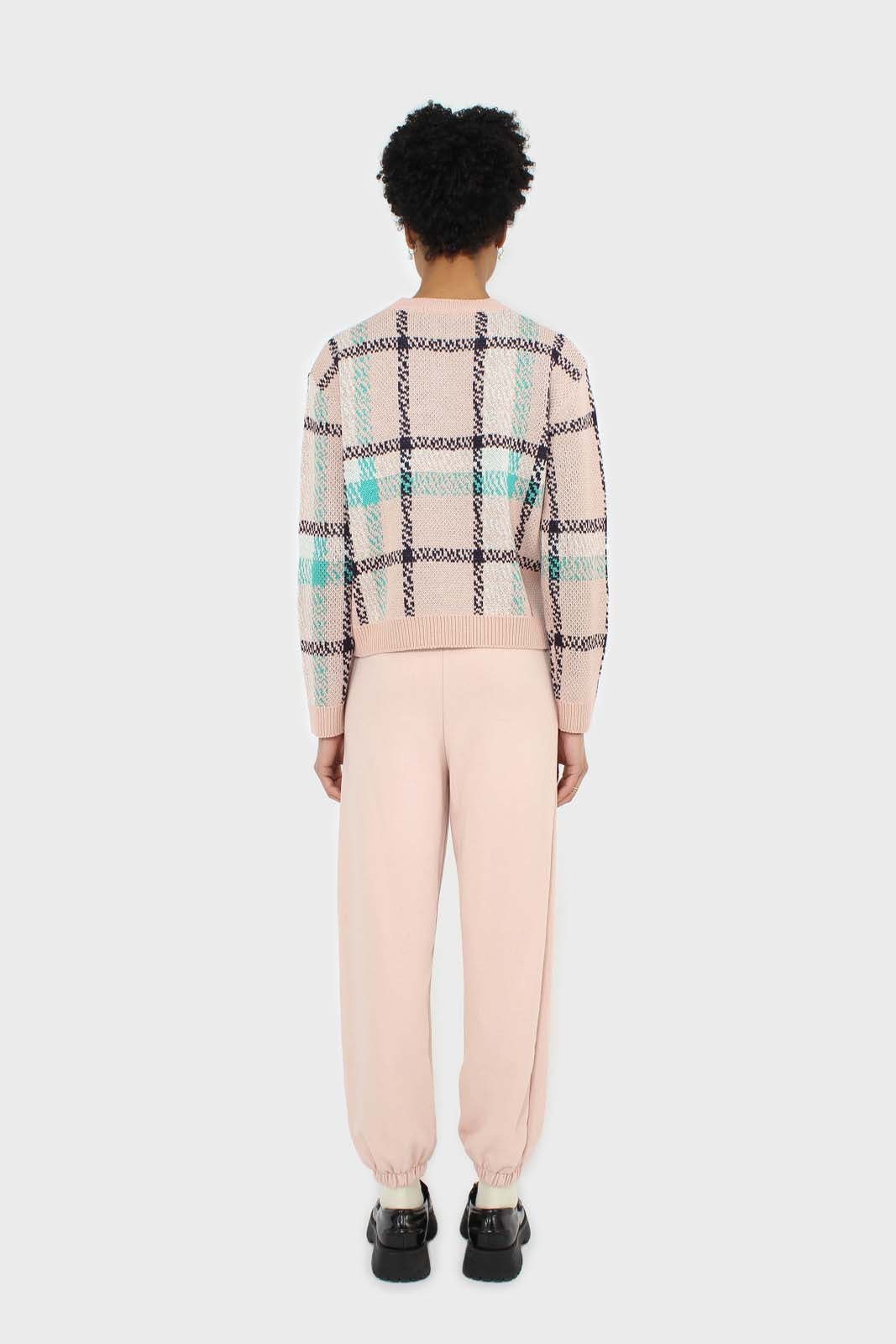 Baby pink and teal checked crew neck jumper