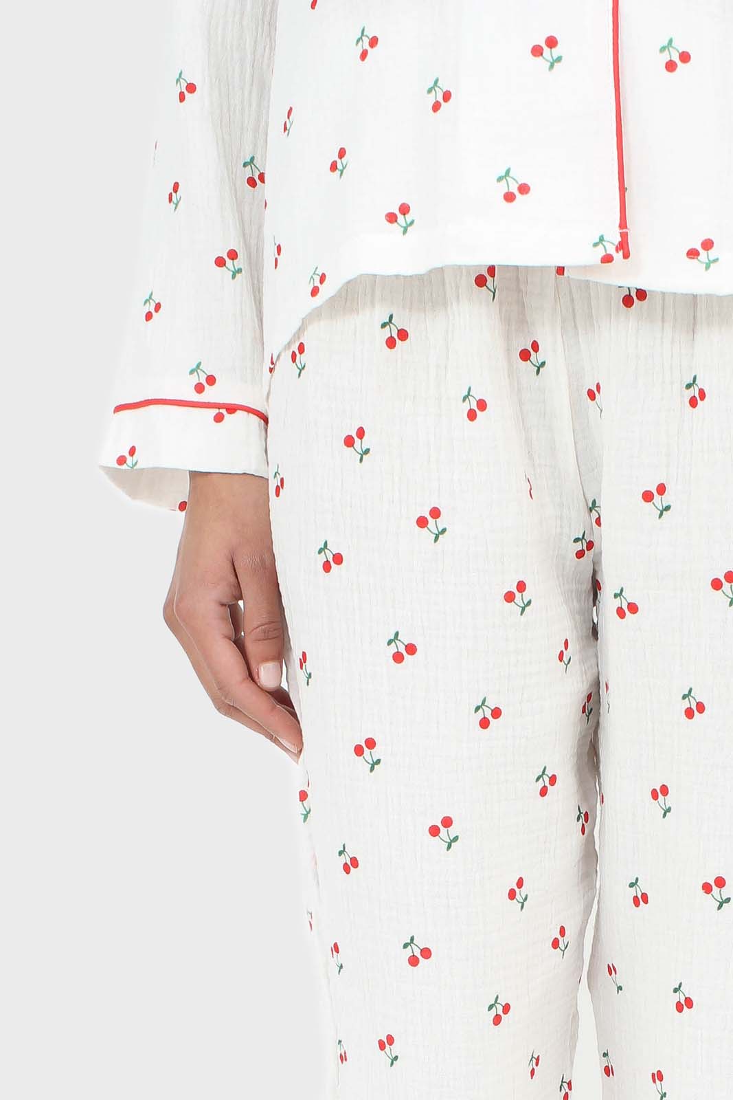 Ivory and red cherry pajama top and trousers set