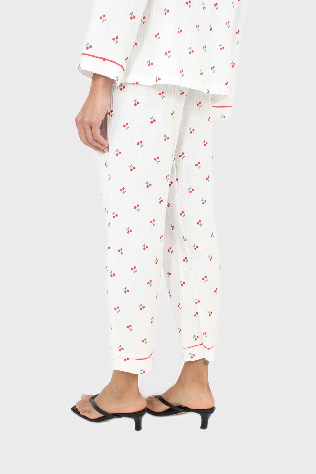 Ivory and red cherry pajama top and trousers set
