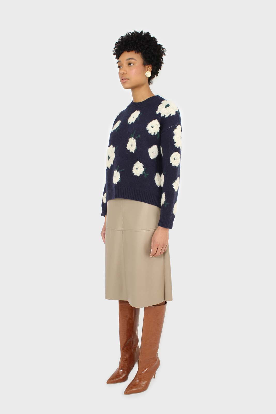Navy and white floral crew neck jumper