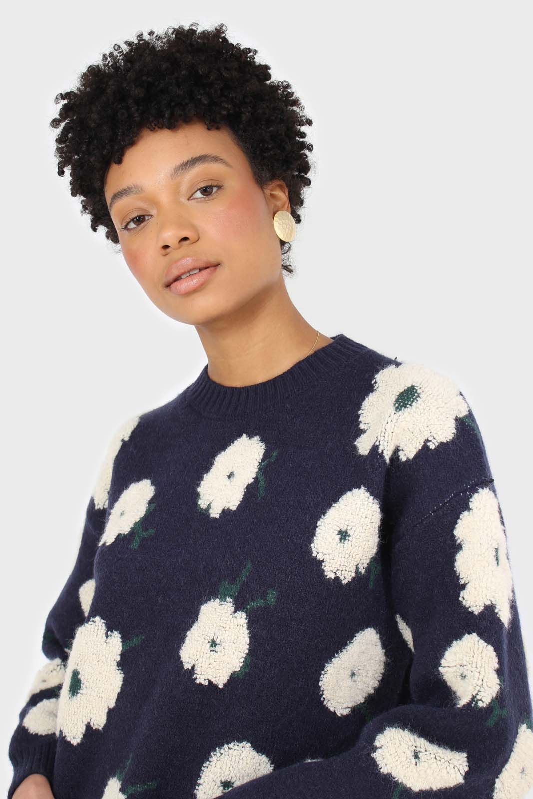 Navy and white floral crew neck jumper
