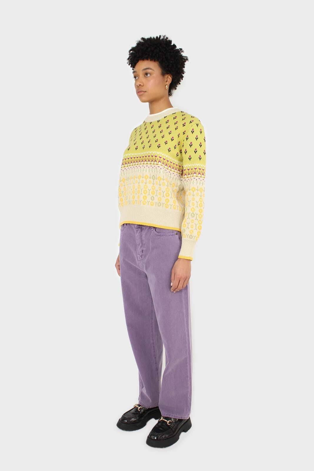 Yellow floral contrast colourblock jumper