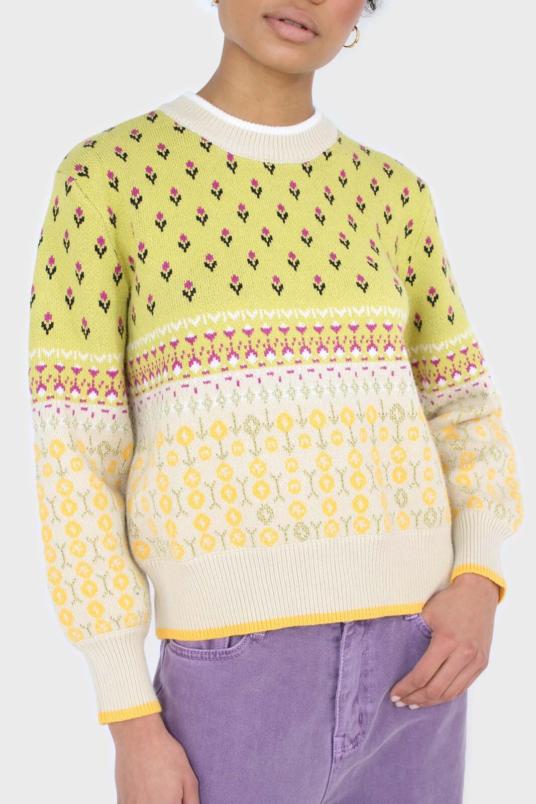 Yellow floral contrast colourblock jumper