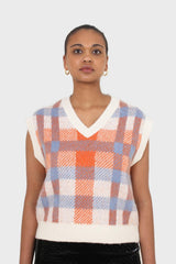 Ivory blue and orange brushed plaid sweater vest