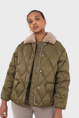 Khaki faux fur collar diamond puffer jacket