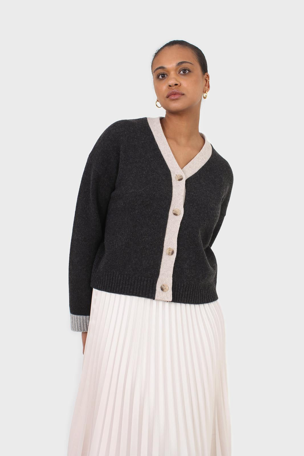 Charcoal and oatmeal contrast trim cardigan