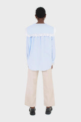 Blue large pointed collar cotton blouse