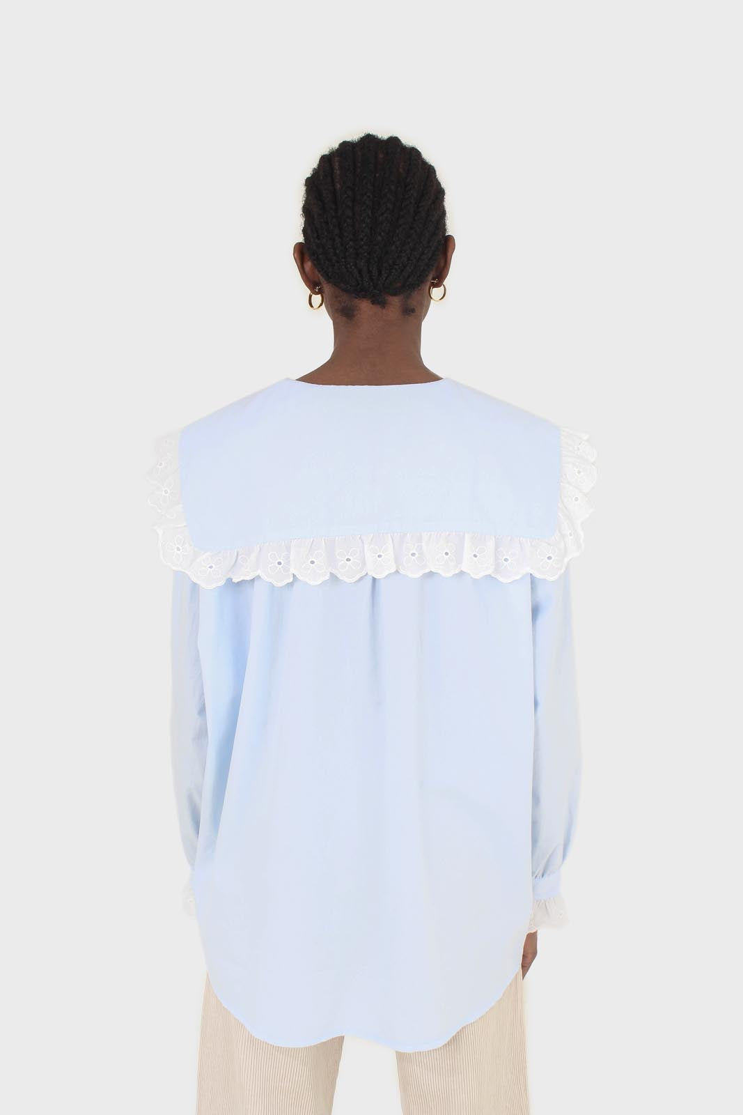 Blue large pointed collar cotton blouse