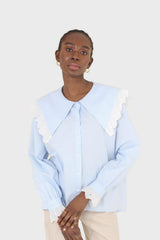 Blue large pointed collar cotton blouse
