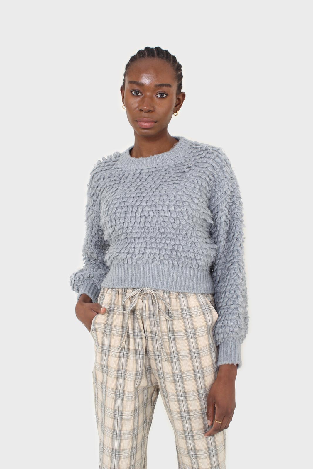 Beige and khaki plaid loose fit trousers