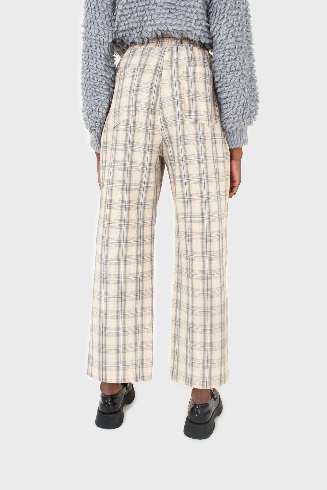 Beige and khaki plaid loose fit trousers