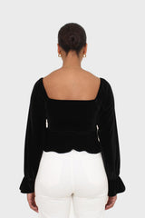 Black velvet smocked crop off shoulder top