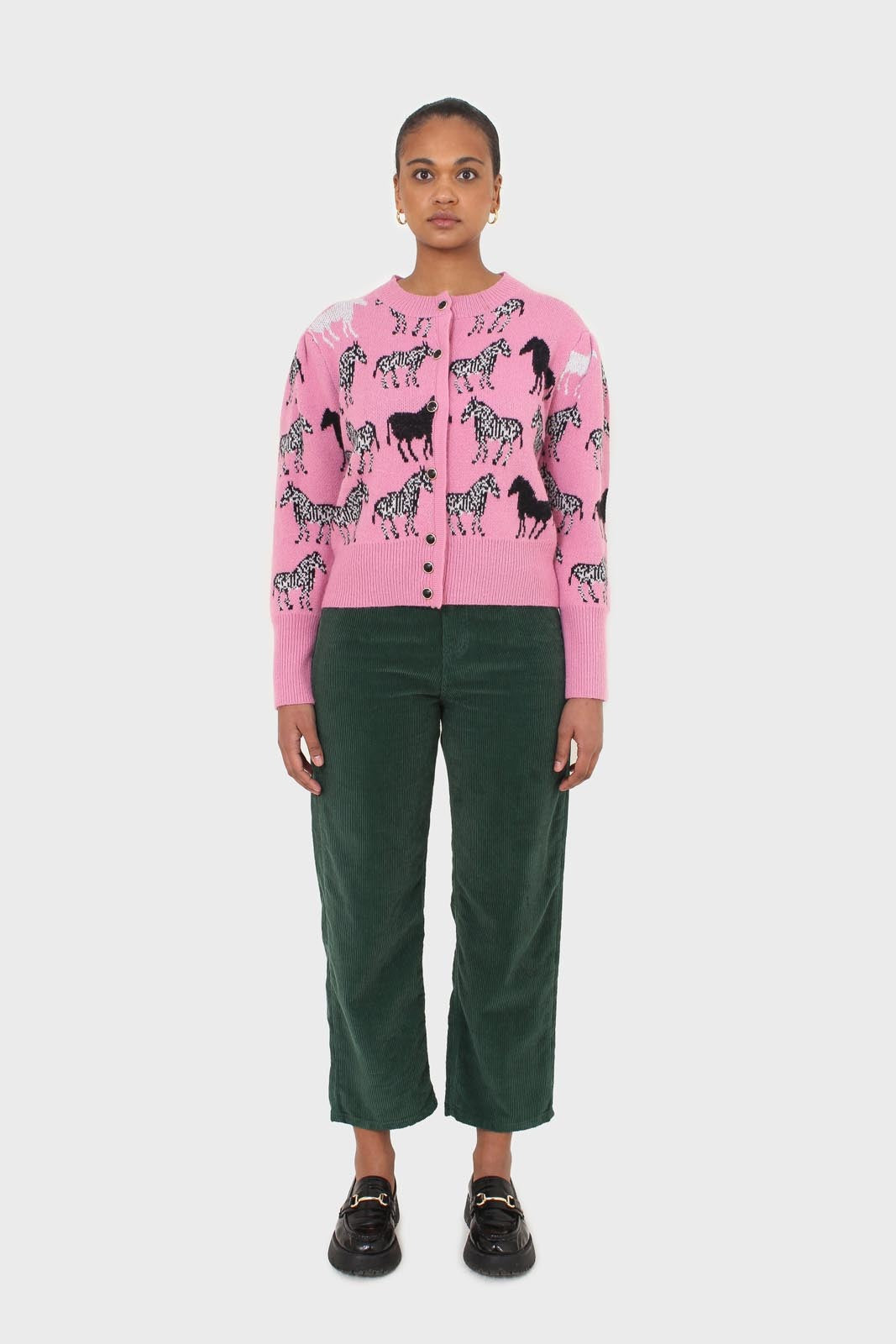 Pink zebra intarsia puff sleeved cardigan
