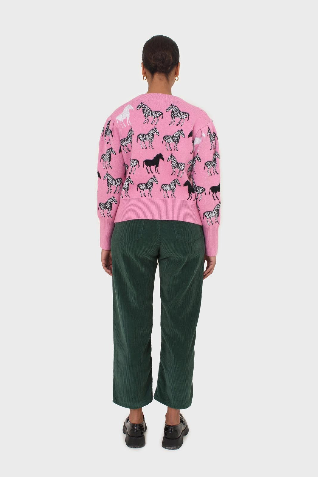 Pink zebra intarsia puff sleeved cardigan