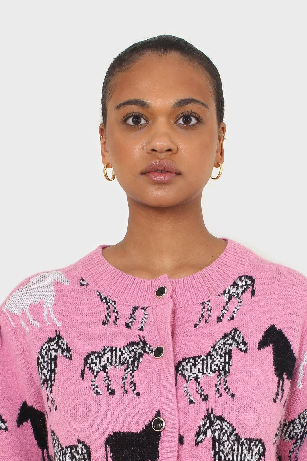 Pink zebra intarsia puff sleeved cardigan