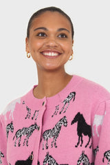 Pink zebra intarsia puff sleeved cardigan