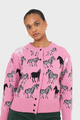 Pink zebra intarsia puff sleeved cardigan