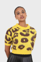 Yellow and brown brushed leopard knit tee