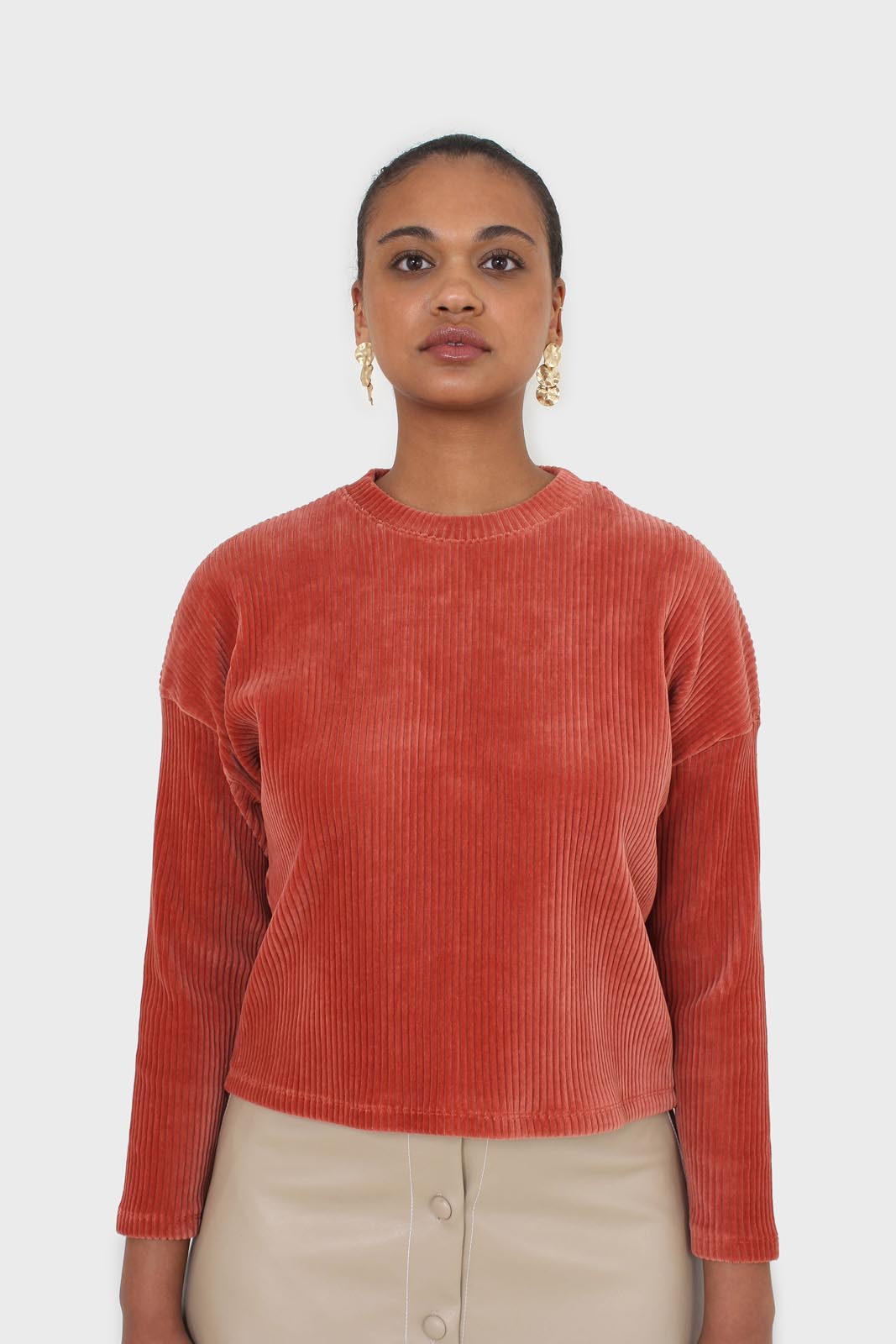 Orange ribbed velvet long sleeved top