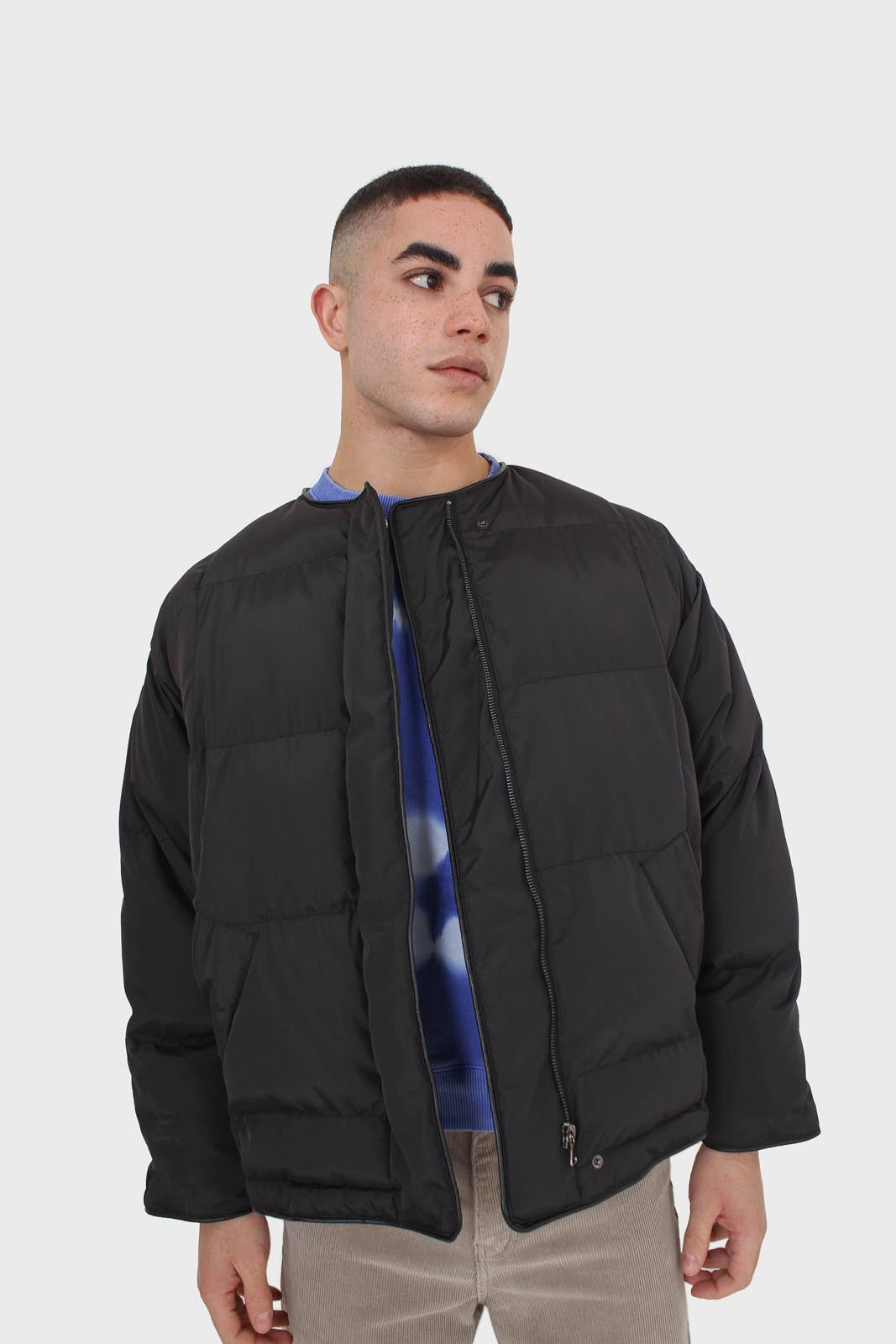 Black vegan leather trim puffer jacket
