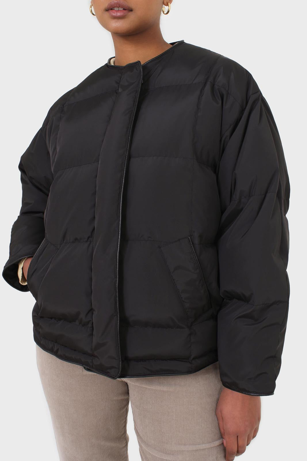 Black vegan leather trim puffer jacket