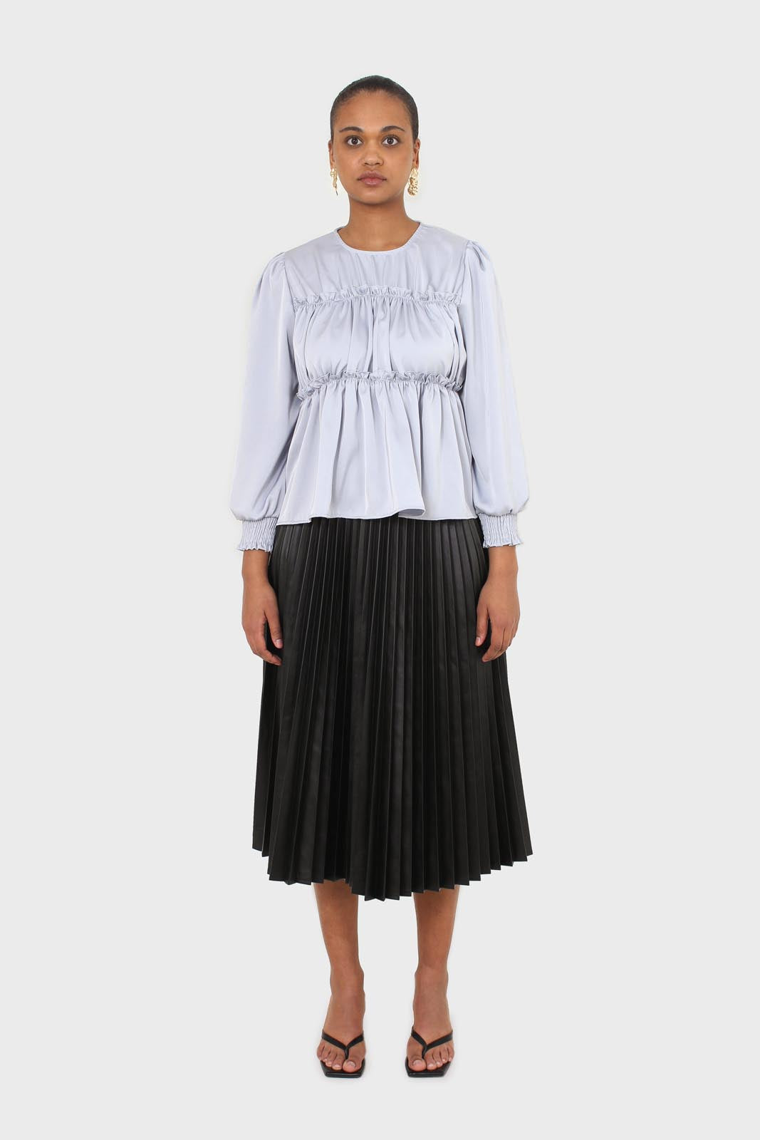 Light blue shirring panel silky blouse