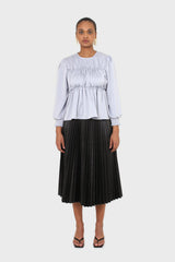 Light blue shirring panel silky blouse