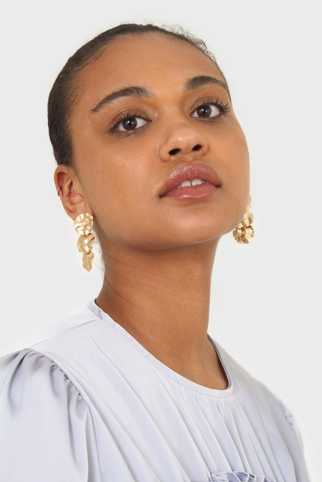Light blue shirring panel silky blouse