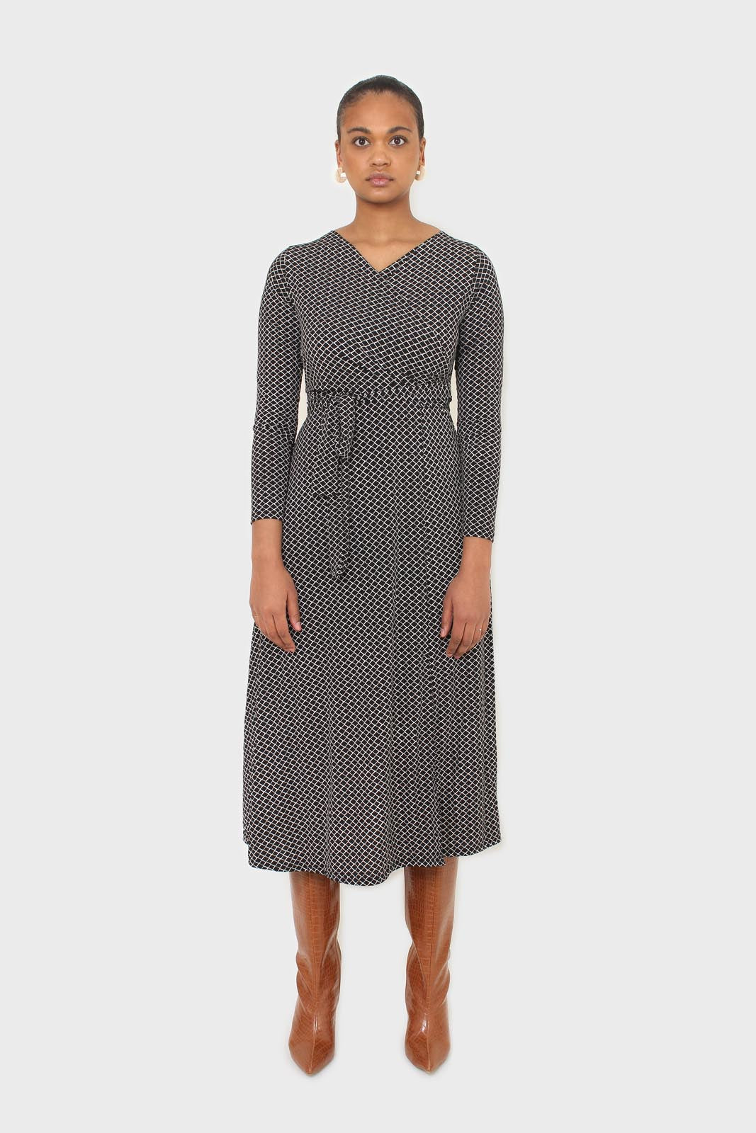 Black and white diamond jersey wrap dress