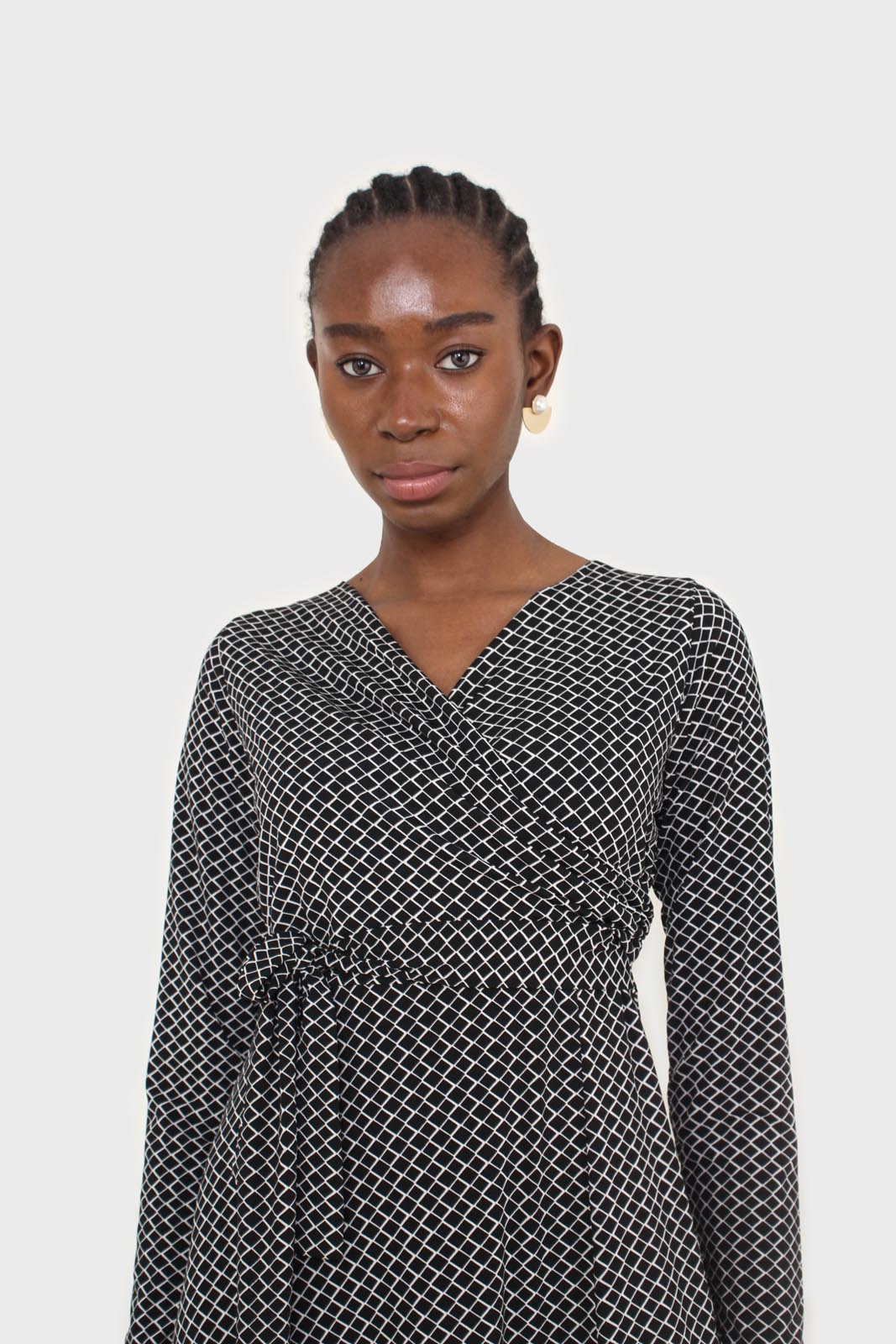 Black and white diamond jersey wrap dress