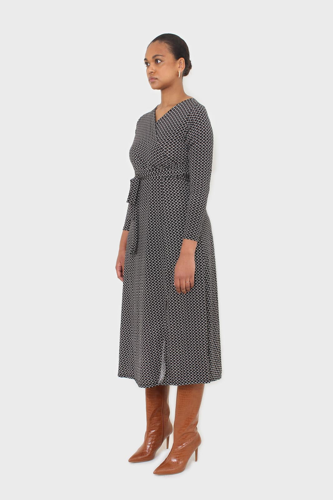 Black and white diamond jersey wrap dress