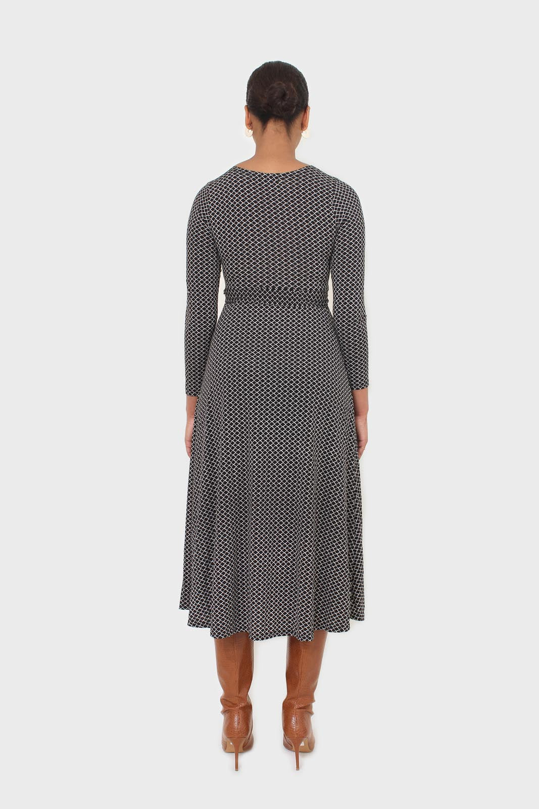 Black and white diamond jersey wrap dress