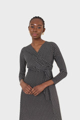 Black and white diamond jersey wrap dress