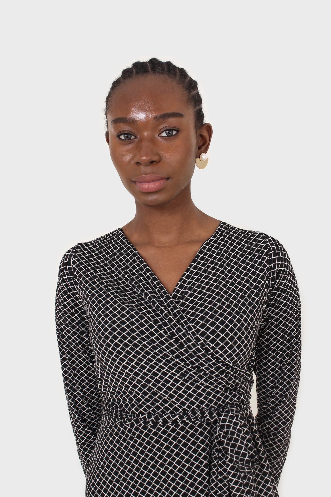 Black and white diamond jersey wrap dress