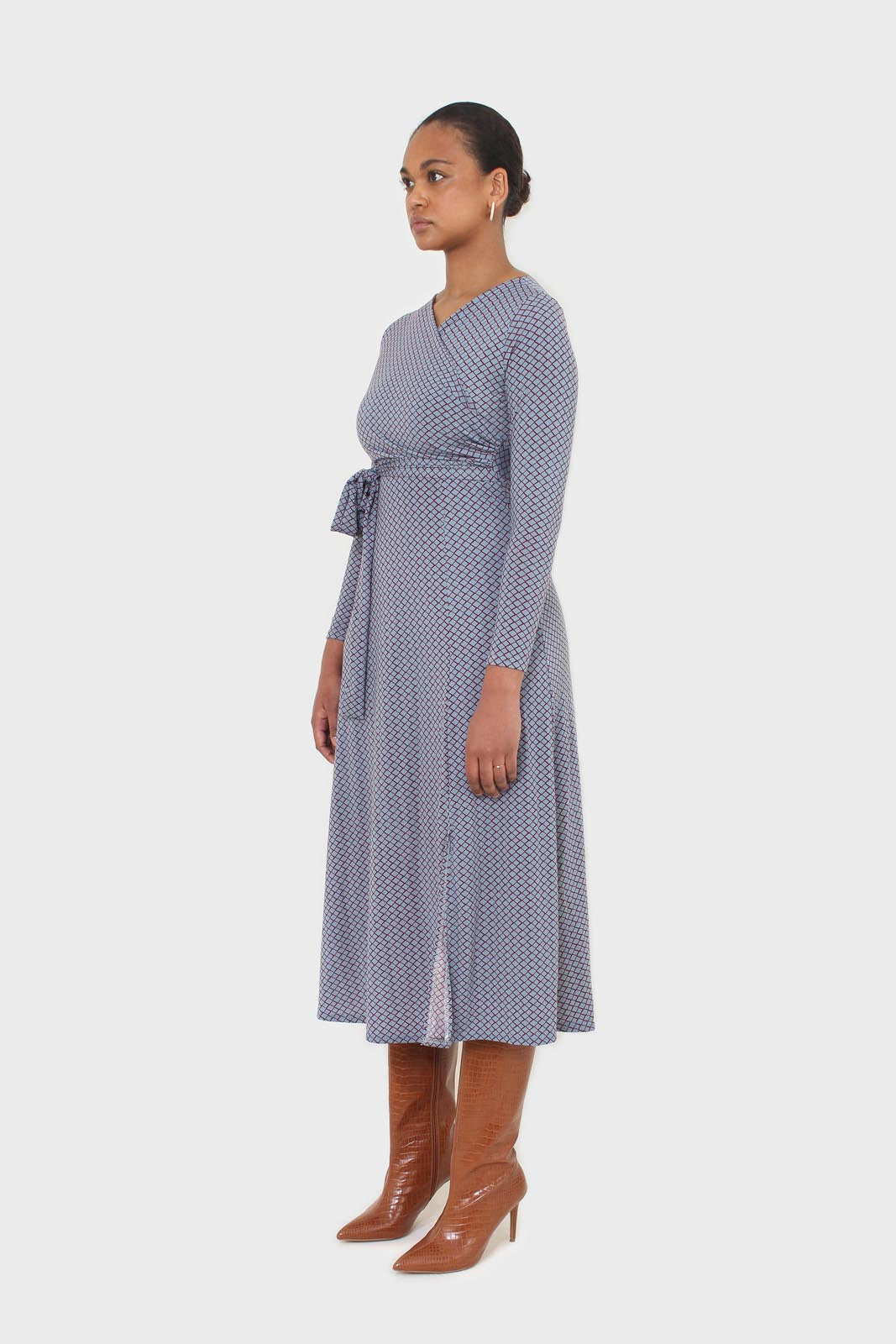 Blue and purple diamond jersey wrap dress