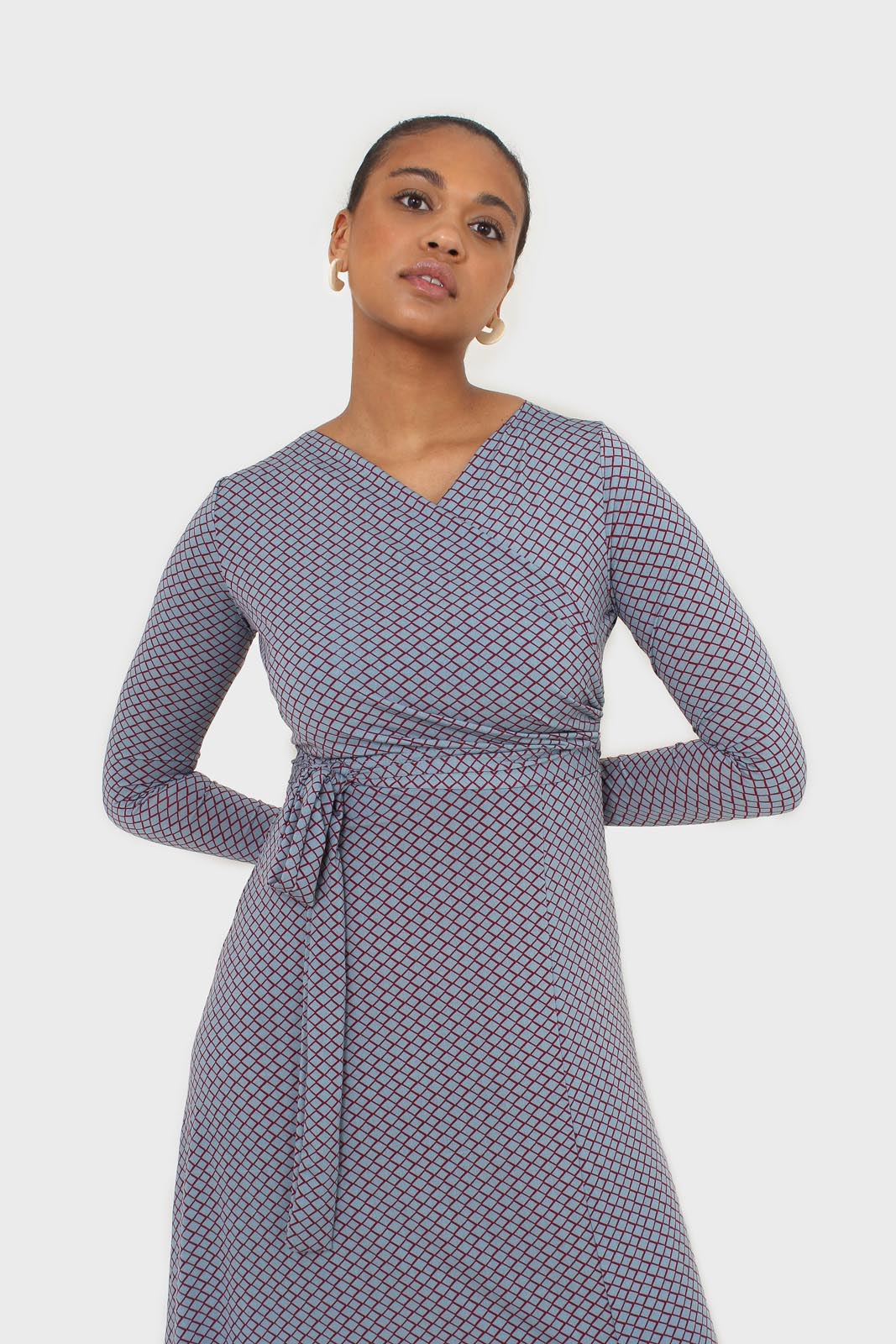 Blue and purple diamond jersey wrap dress