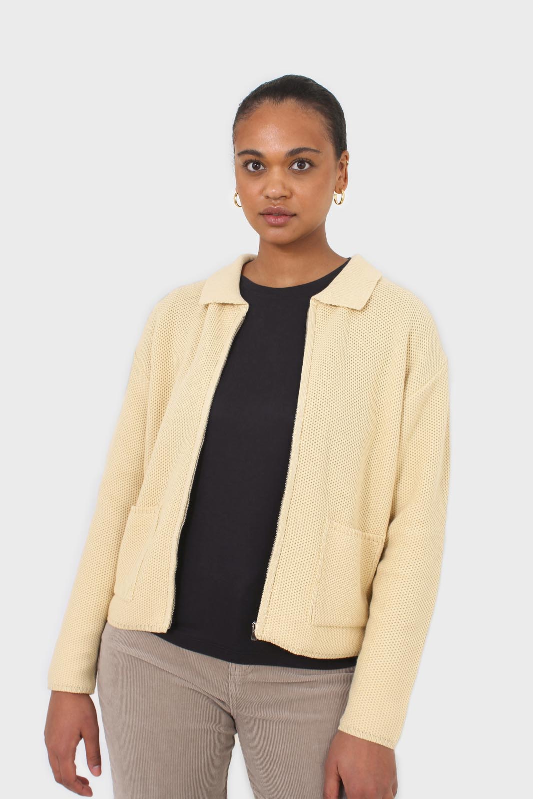 Pale yellow waffle zip up cardigan