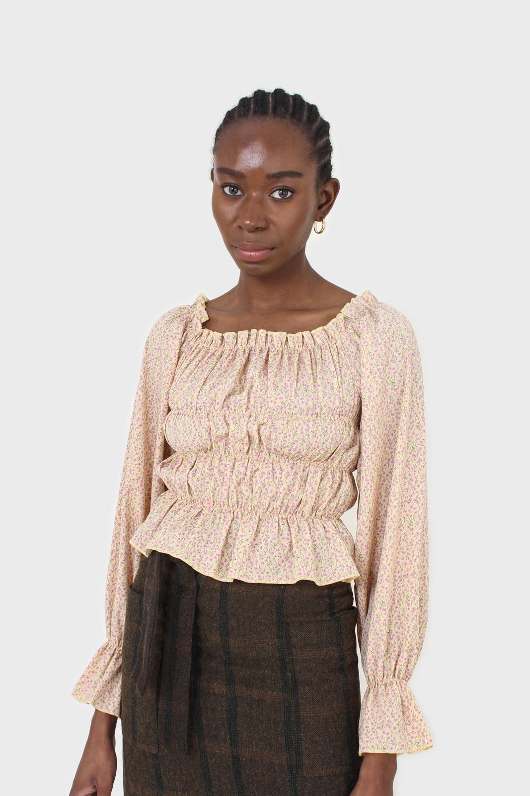 Yellow floral smocked crop blouse