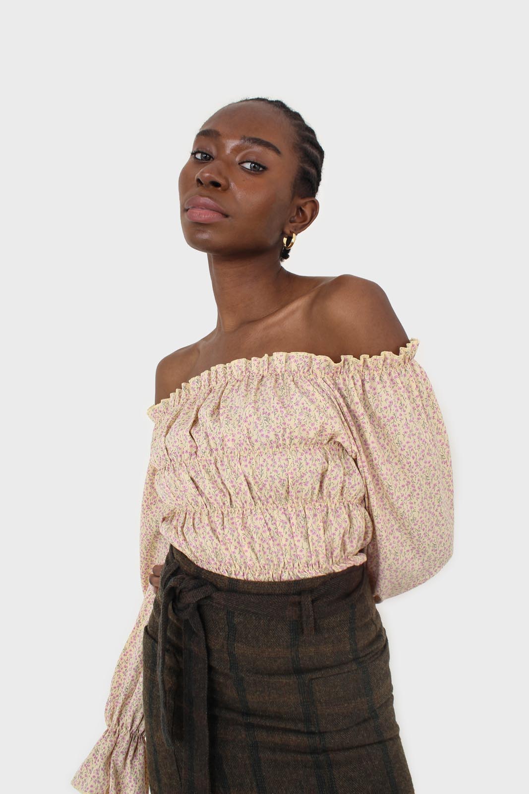 Yellow floral smocked crop blouse