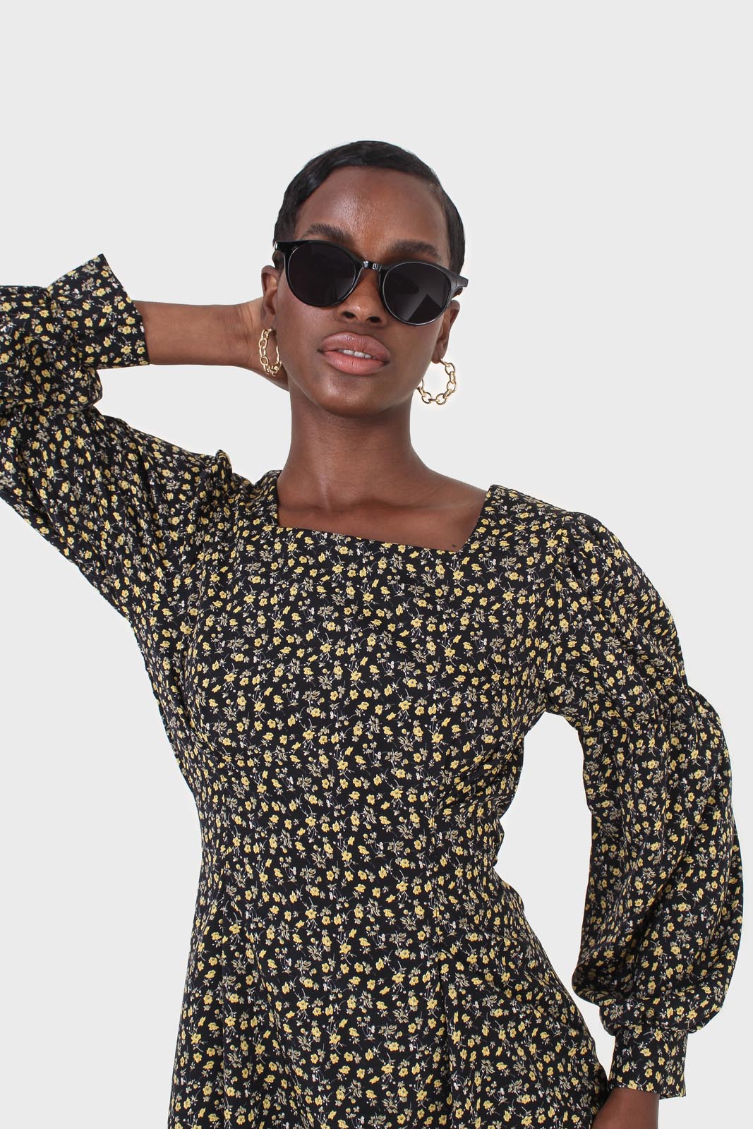 Black floral square neck dress