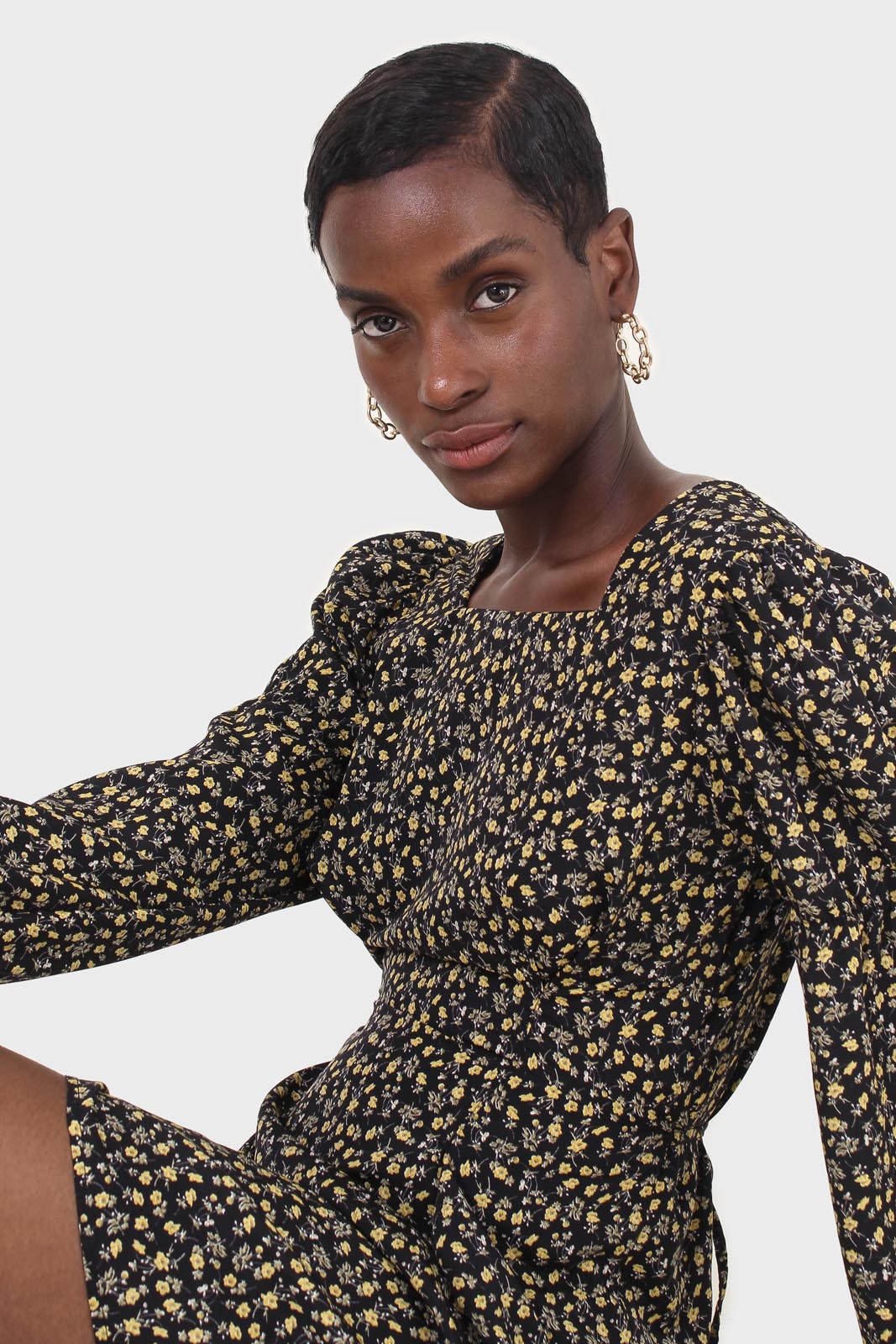 Black floral square neck dress