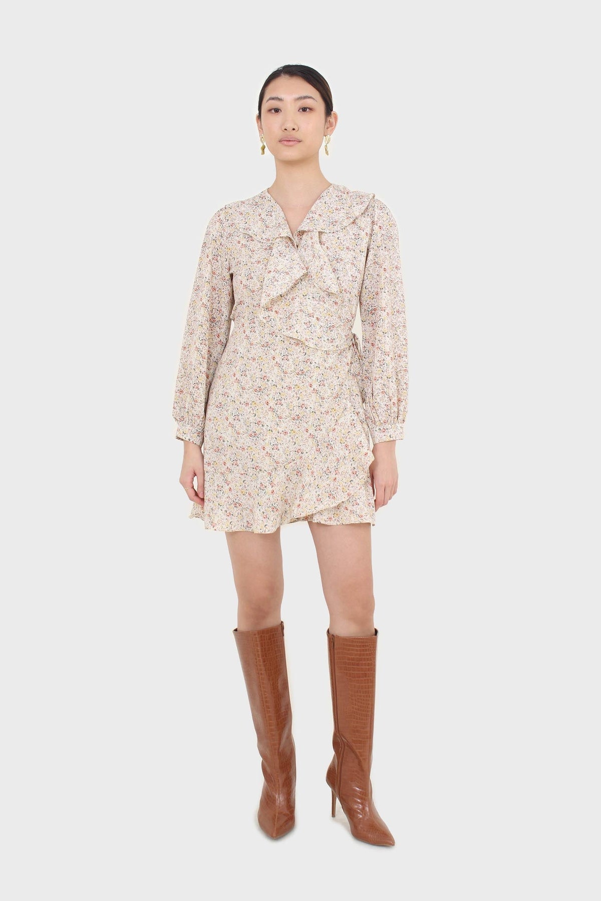 Ivory floral print ruffle trim wrap dress